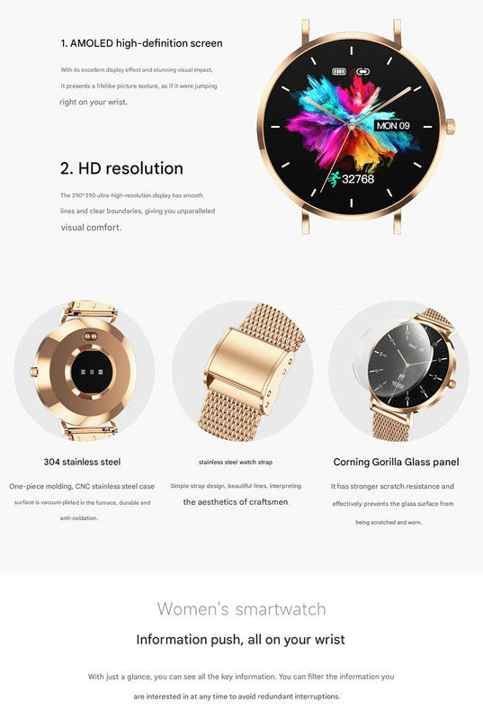 Elegant Women's Smartwatch - Ultra-Thin 6.8mm, 1.19 AMOLED Display Health Monitoring & Stainless Steel Mesh Band(Silver)"