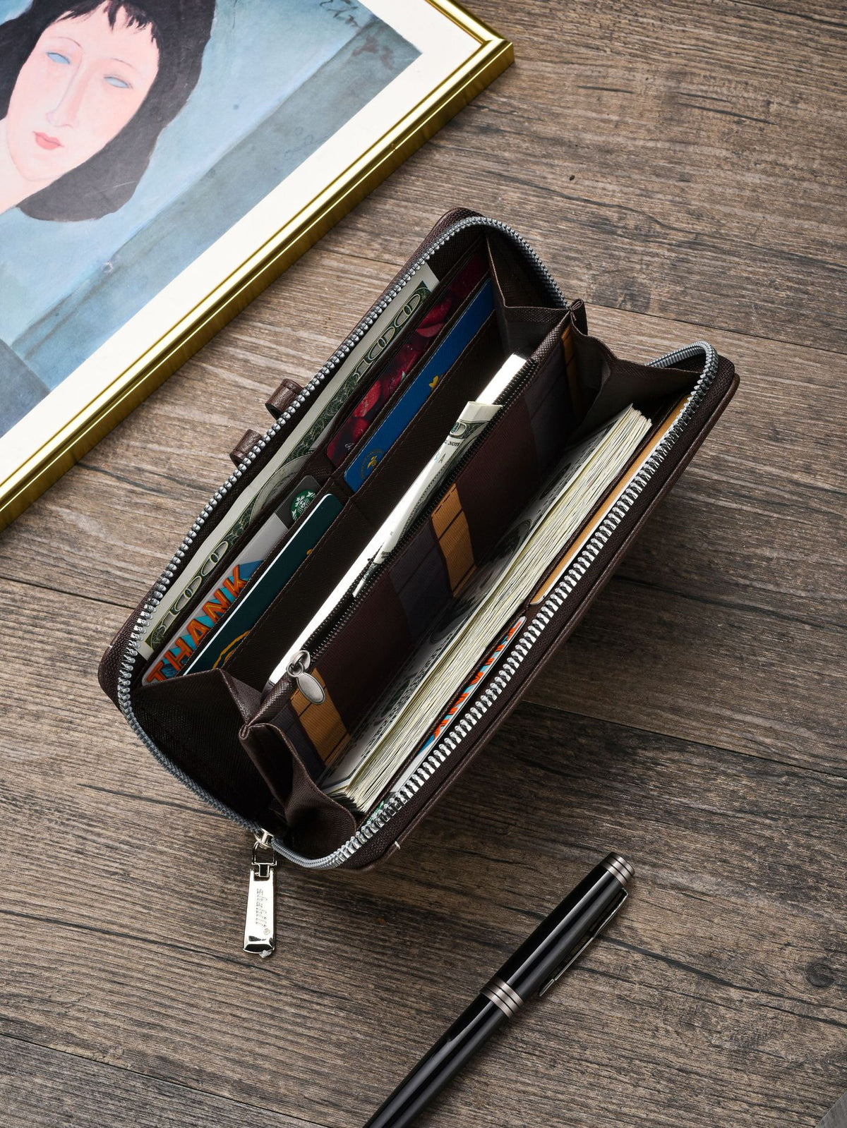 Two pieces High-Capacity PU Leather Clutch Wallet - Unisex Design with Wrist Strap, Zipper & Multiple Card Slots(black)