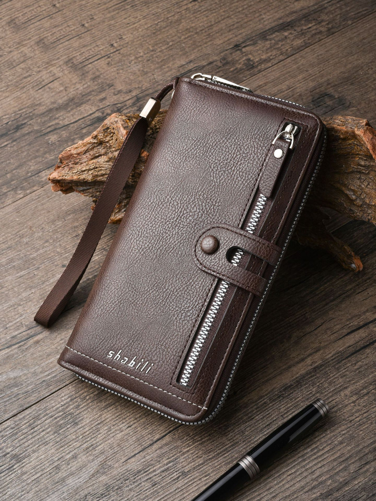 Two pieces High-Capacity PU Leather Clutch Wallet - Unisex Design with Wrist Strap, Zipper & Multiple Card Slots(Light brown)