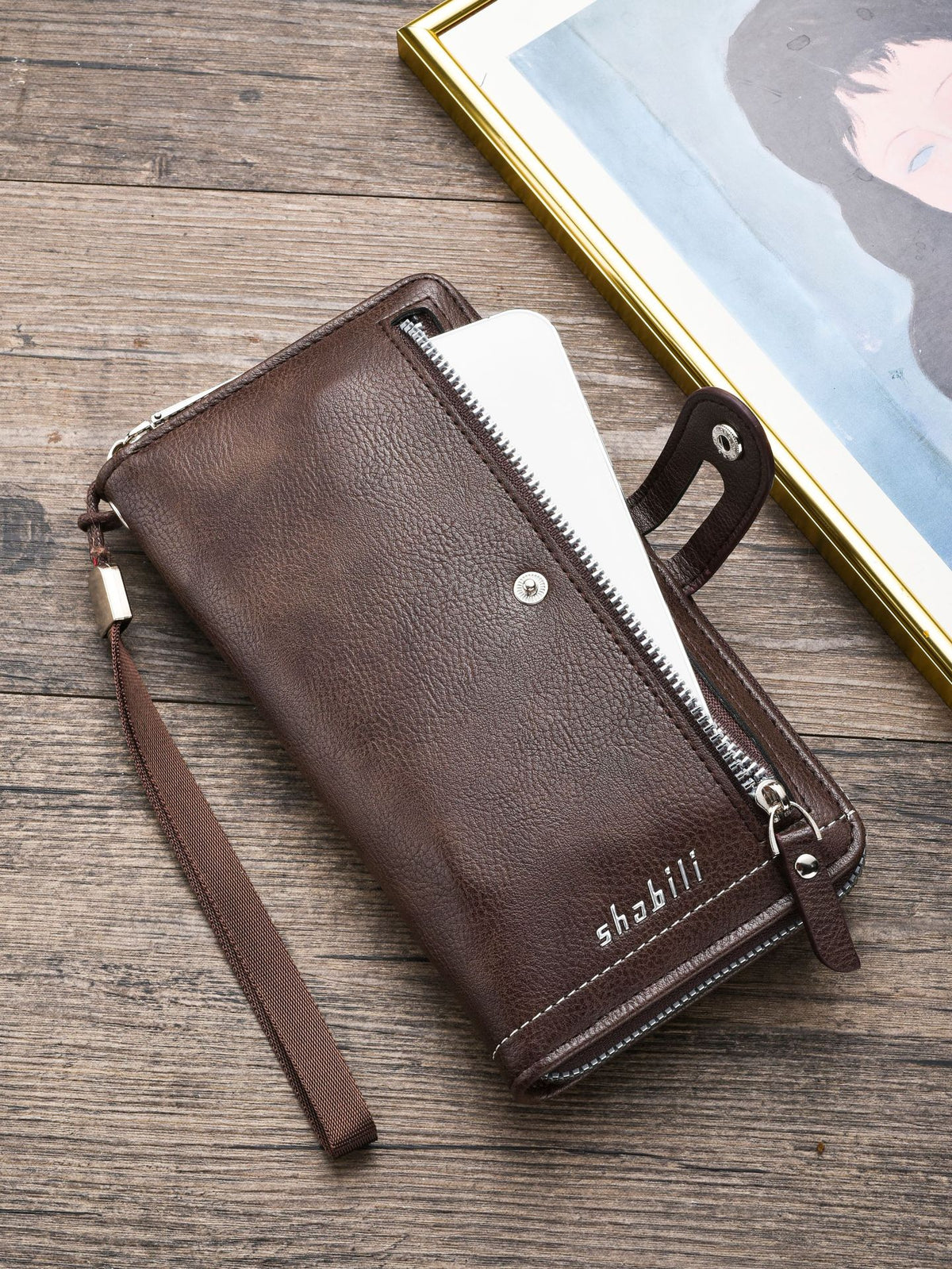 Two pieces High-Capacity PU Leather Clutch Wallet - Unisex Design with Wrist Strap, Zipper & Multiple Card Slots(Light brown)