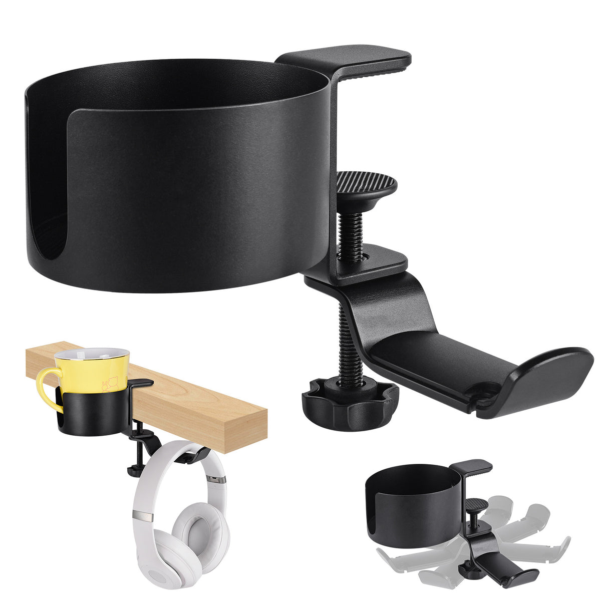 Heavy-Duty All-Metal Desk Clamp with 360-Degree Swivel Headphone Hanger & Cup Holder(black)
