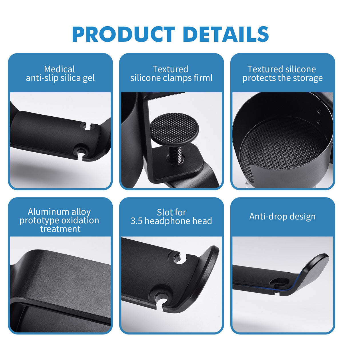 Heavy-Duty All-Metal Desk Clamp with 360-Degree Swivel Headphone Hanger & Cup Holder(black)