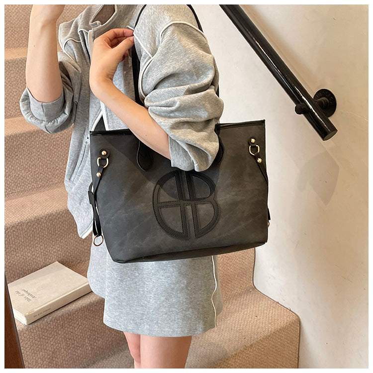 Stylish Large Capacity Tote Bag with PU Leather Trim & Logo Detail(black)