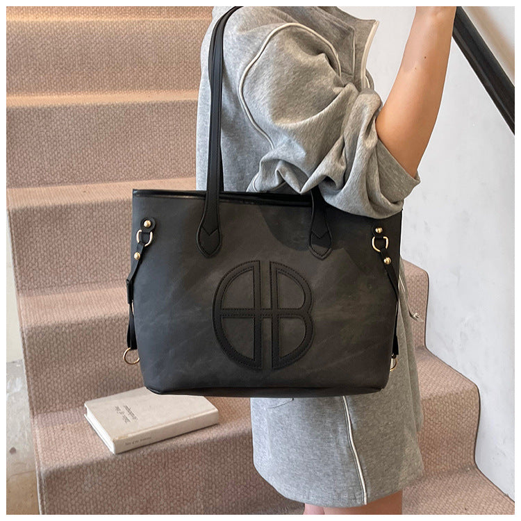 Stylish Large Capacity Tote Bag with PU Leather Trim & Logo Detail(black)