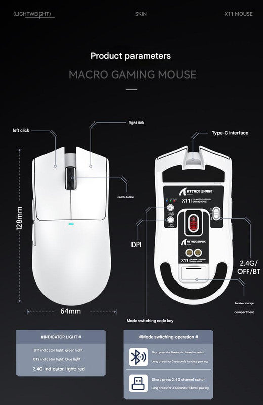 High-Performance Tri-Mode Wireless Gaming Mouse - 22000 DPI, Rechargeable, with RGB Charging Dock(black)