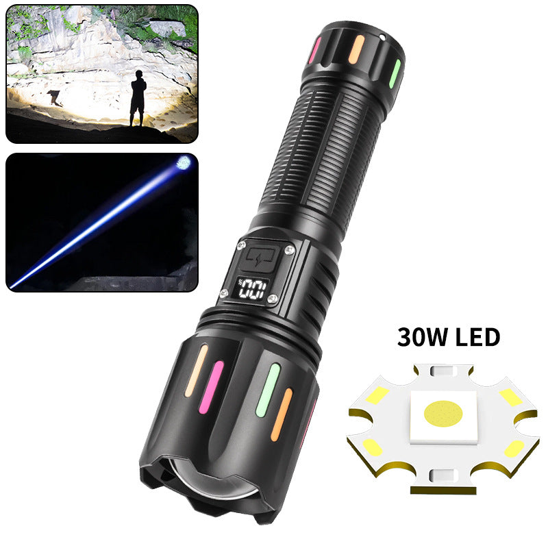 30W High Brightness LED Flashlight with Digital Display & Fluorescent Design - USB Rechargeable, 800-1200M Range(black+One 18650 battery)