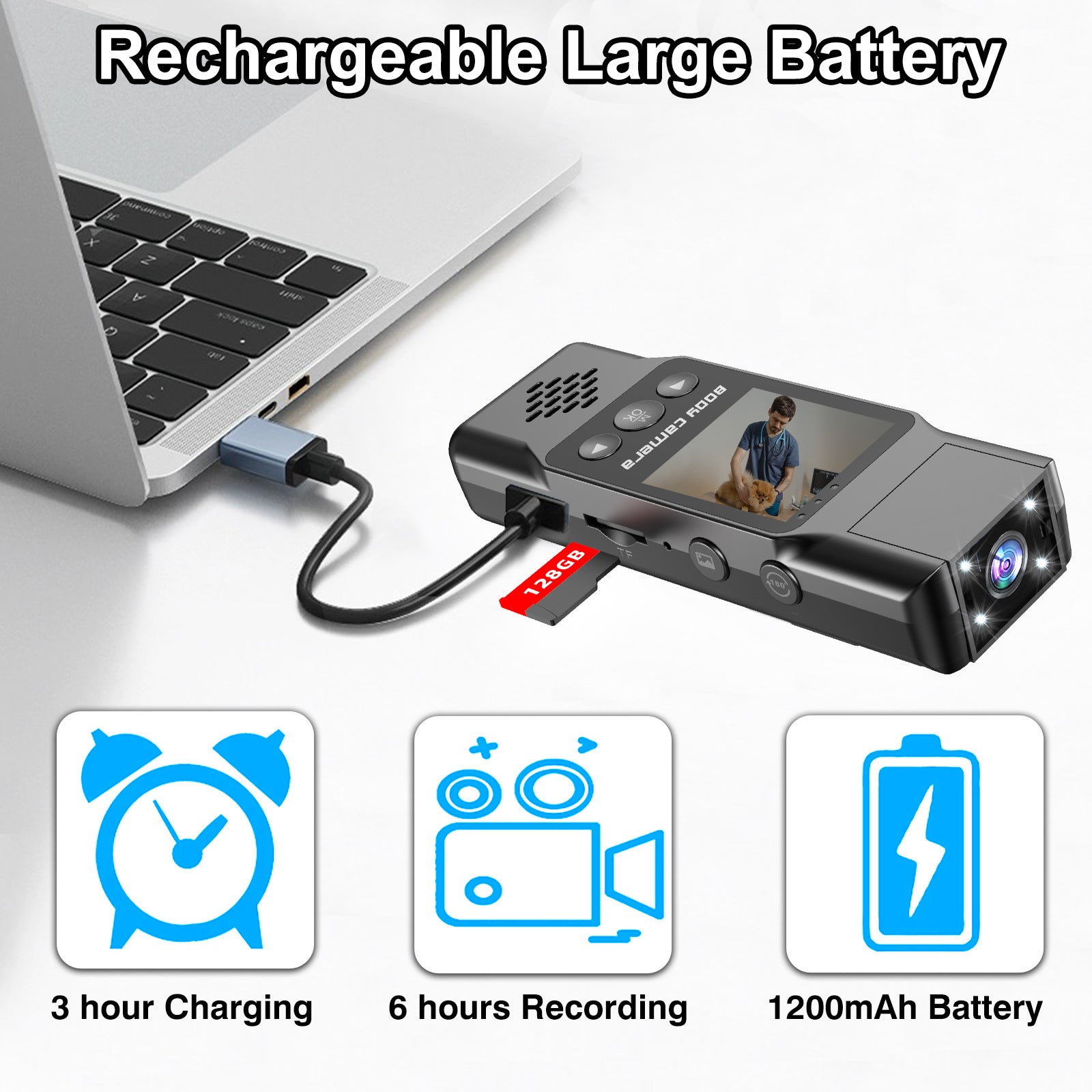 Mini Body Camera with 180 Rotatable Lens, Night Vision & Motion Detection - 1.3 Screen 1200mAh Battery(black)"