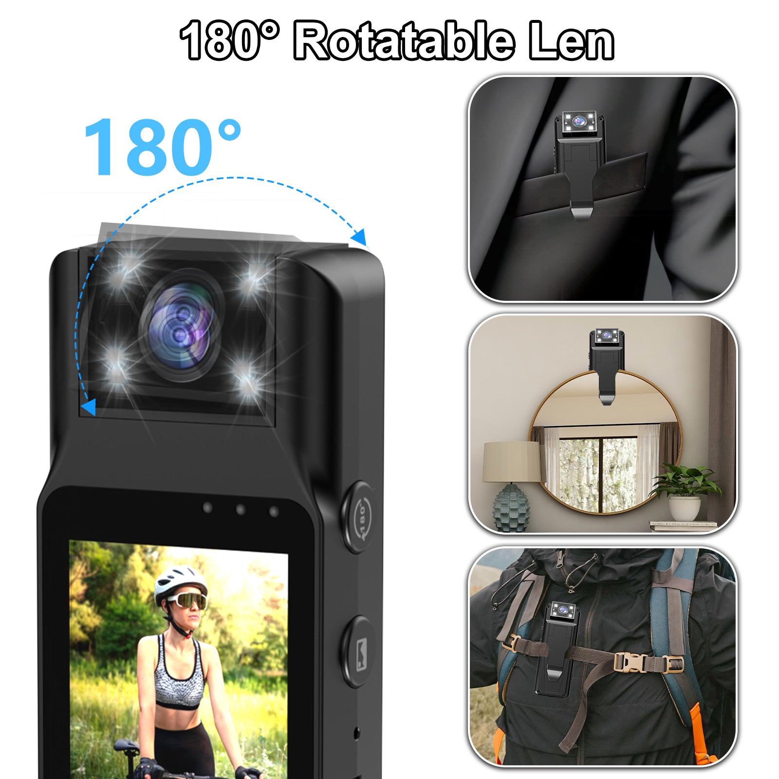 Mini Body Camera with 180 Rotatable Lens, Night Vision & Motion Detection - 1.3 Screen 1200mAh Battery(black+64G)"