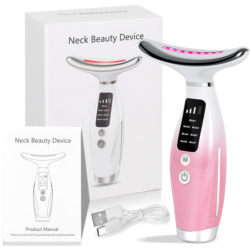 Advanced Multi-Function Skincare Device - 7 LED Lights, Microcurrent & Warming Massage for Face & Neck(pink)