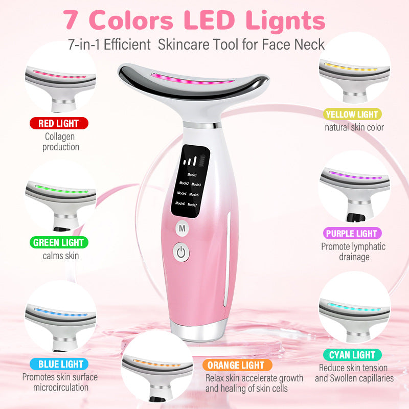 Advanced Multi-Function Skincare Device - 7 LED Lights, Microcurrent & Warming Massage for Face & Neck(pink)