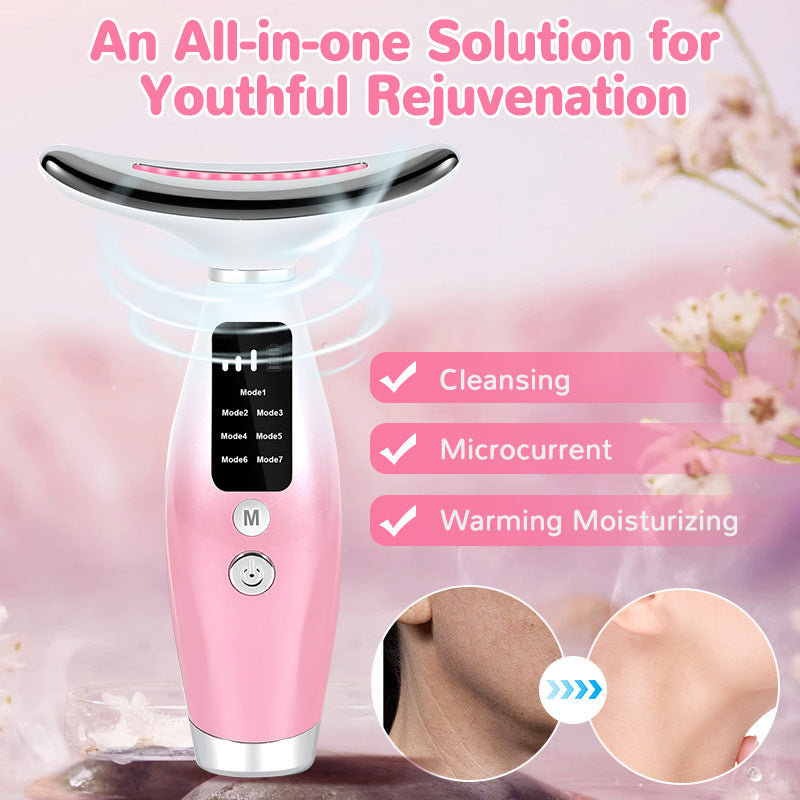 Advanced Multi-Function Skincare Device - 7 LED Lights, Microcurrent & Warming Massage for Face & Neck(pink)