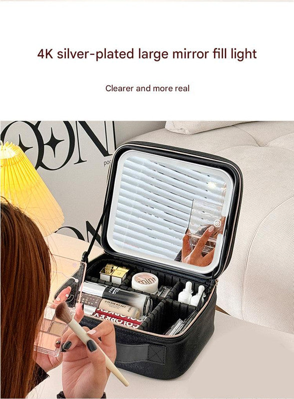 Travel Makeup Case with LED Lighted Mirror - Adjustable Dividers & Brush Holder(black)