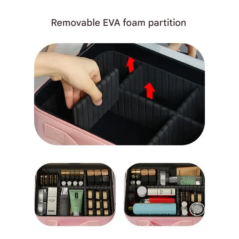 Travel Makeup Case with LED Lighted Mirror - Adjustable Dividers & Brush Holder(pink)