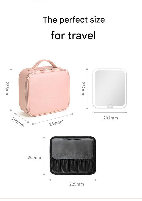 Travel Makeup Case with LED Lighted Mirror - Adjustable Dividers & Brush Holder(pink)