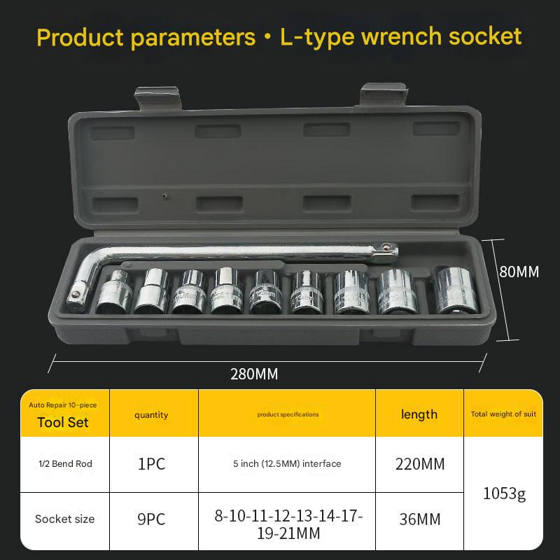 Two 10-piece L-shaped socket wrench sets - 1/2" drive chrome vanadium steel with metric sockets and housings(gray)