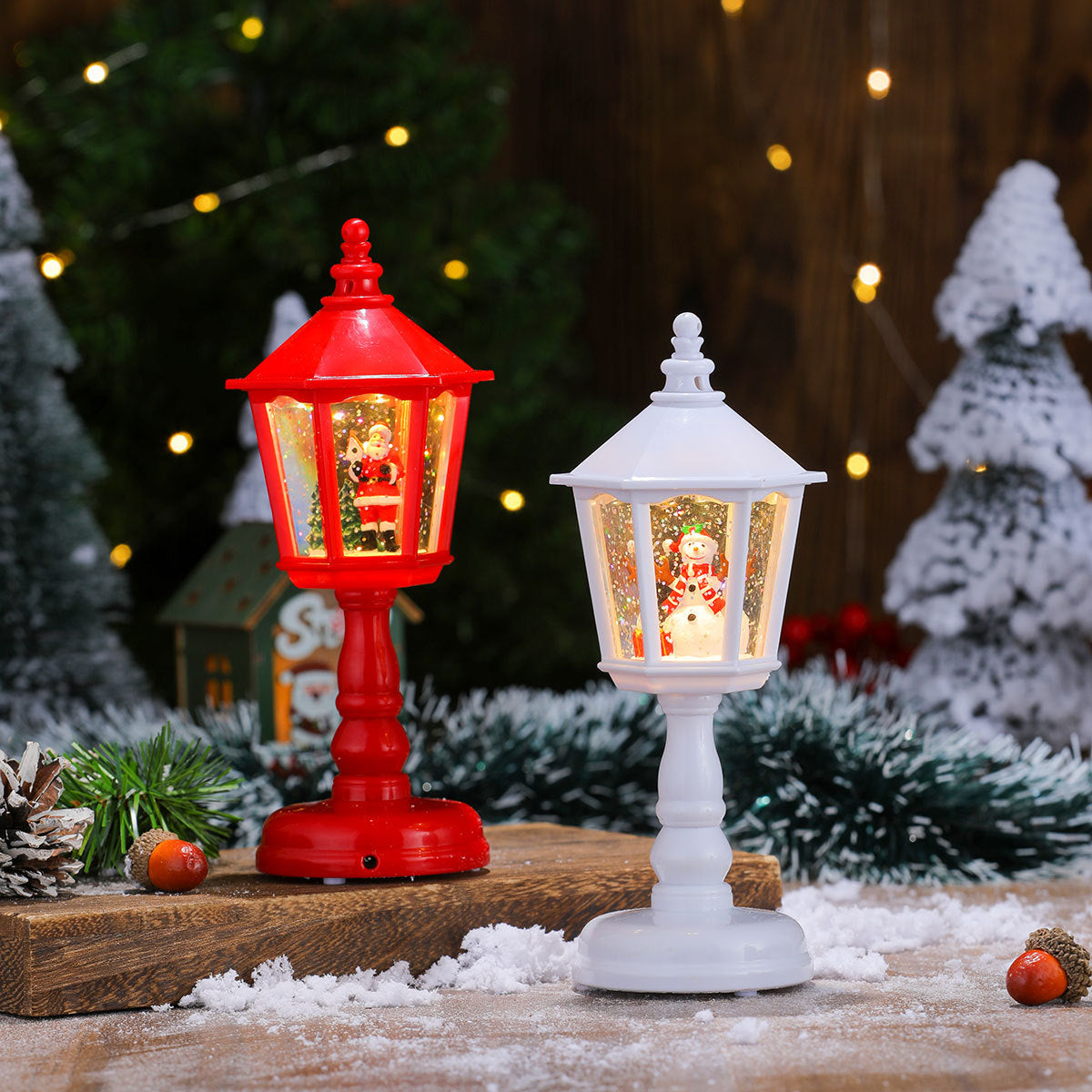 Festive LED Christmas Snow Globe Lantern - Glittering Tabletop Decoration with Santa/Snowman Scene, Dual Power(Bronze)