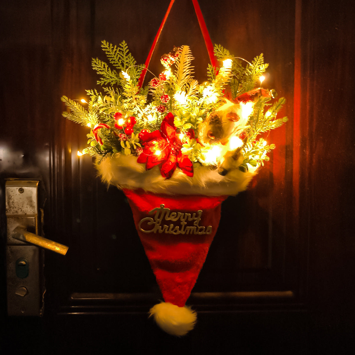 Illuminated Santa Hat Door Hanger with Holiday Greenery & Berries - Christmas Wall Decor(red)