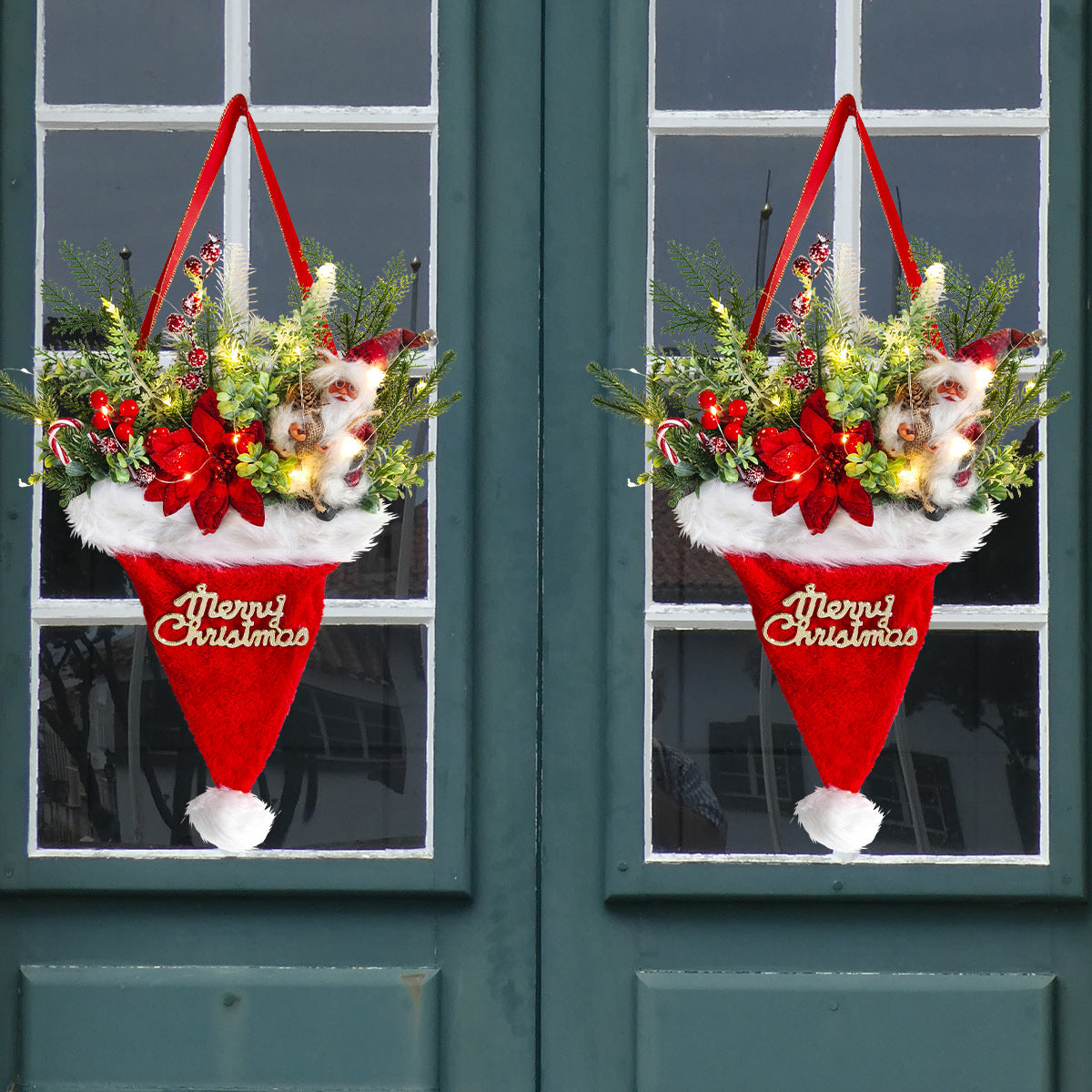 Illuminated Santa Hat Door Hanger with Holiday Greenery & Berries - Christmas Wall Decor(red)