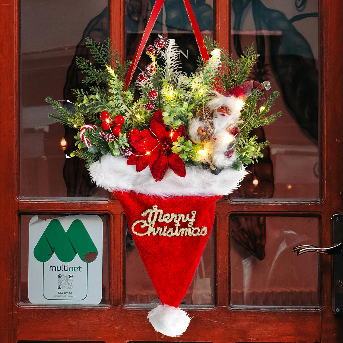 Illuminated Santa Hat Door Hanger with Holiday Greenery & Berries - Christmas Wall Decor(red)