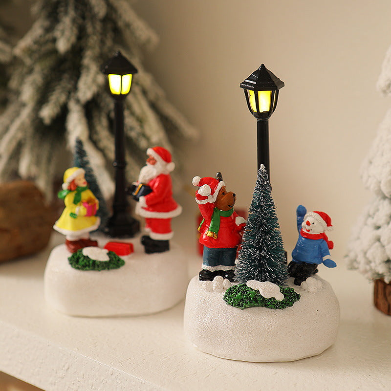Light-Up Christmas Village Scene Figurine with LED Lamppost - Festive Tabletop Holiday Decoration(Elderly)
