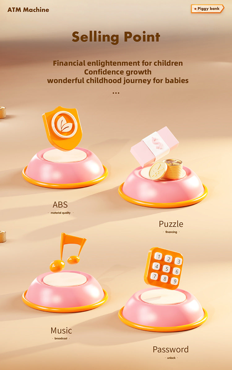 Kids Electronic ATM Piggy Bank with Simulated Facial Recognition & Password - Auto Roll-in Banknote & Coin Money Box for Financial Learning(pink)