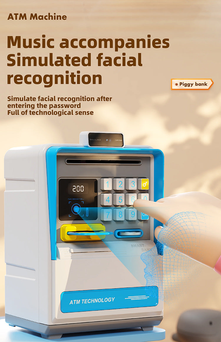 Kids Electronic ATM Piggy Bank with Simulated Facial Recognition & Password - Auto Roll-in Banknote & Coin Money Box for Financial Learning(pink)