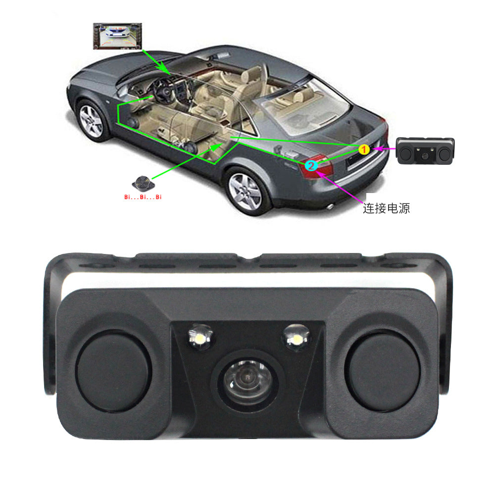 3-in-1 Car Reversing Camera & Parking Sensor System with Monitor - License Plate Frame Mount, Waterproof & Night Vision(black)