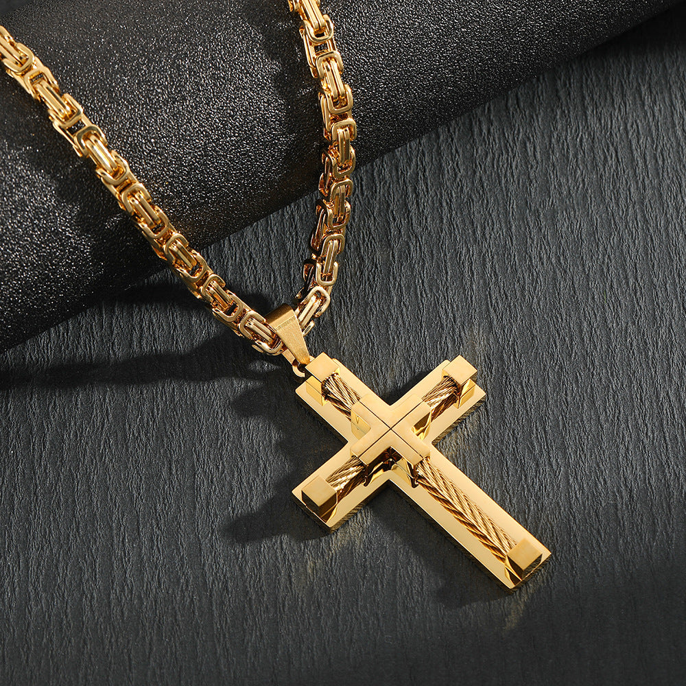 Men's Stainless Steel Layered Cross Pendant with Byzantine Chain - Fashion Statement Necklace(Gold)