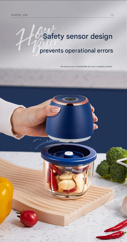 Electric Mini Garlic Chopper with Glass Bowl - USB Rechargeable, 6 Blades, Large Capacity(blue)