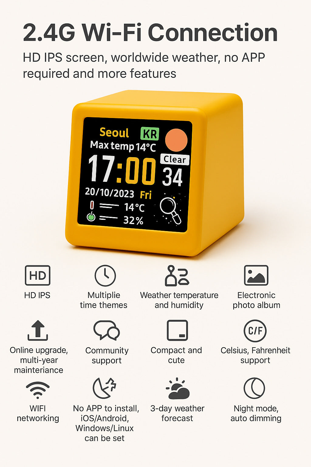 2pc Mini Smart Wi-Fi Weather Station Clock - Desktop Digital Clock with HD IPS Screen, Customizable GIF Display & 3-Day Forecast(Gold)