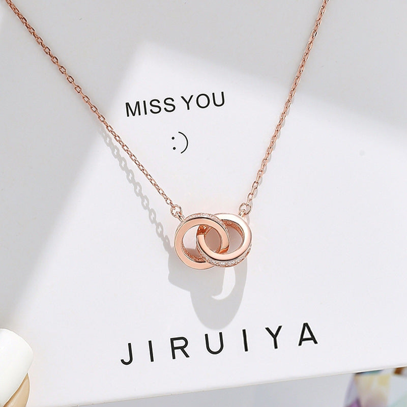 2pc Elegant Interlocking Rings Pendant Necklace with Zirconia Accents - Copper Base, Minimalist Jewelry(Rose gold)