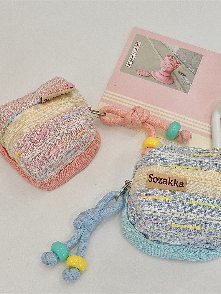 3pc Chic Woven Mini Backpack Pouch - Earphone Case & Coin Purse with Keychain Lanyard(blue)