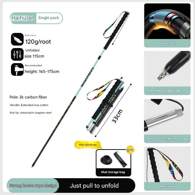 Ultralight Carbon Fiber Foldable Trail Running & Hiking Pole(blue Recommended height range 165-175cm)