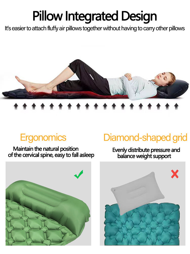 2pc Ultralight Inflatable Camping Sleeping Mat with Integrated Pillow - Waterproof 40D Nylon TPU(Army Green)