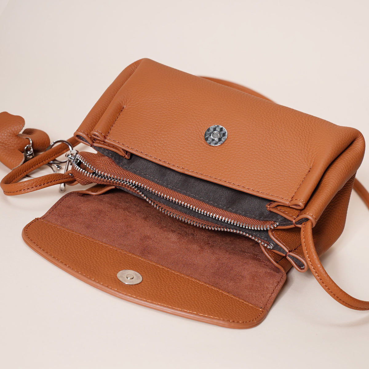 Genuine Leather Flap Crossbody Bag with Elephant Charm - Compact & Stylish Shoulder Purse(White)
