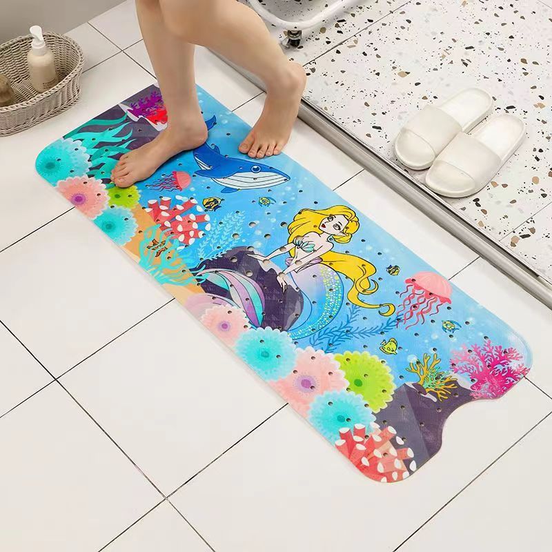 Non-Slip PVC Bath & Shower Mat with Suction Cups and Drainage Holes - Cartoon Ocean Theme(Blonde Mermaid)