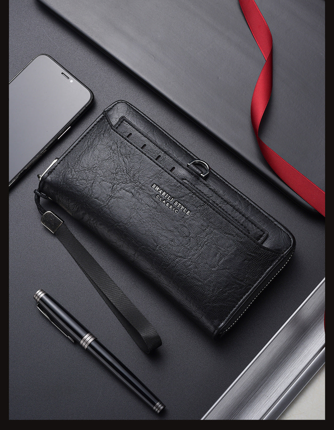 Black Classic Long Zipper Wallet Clutch - Large Capacity PU Leather Phone & Card Holder with Wrist Strap