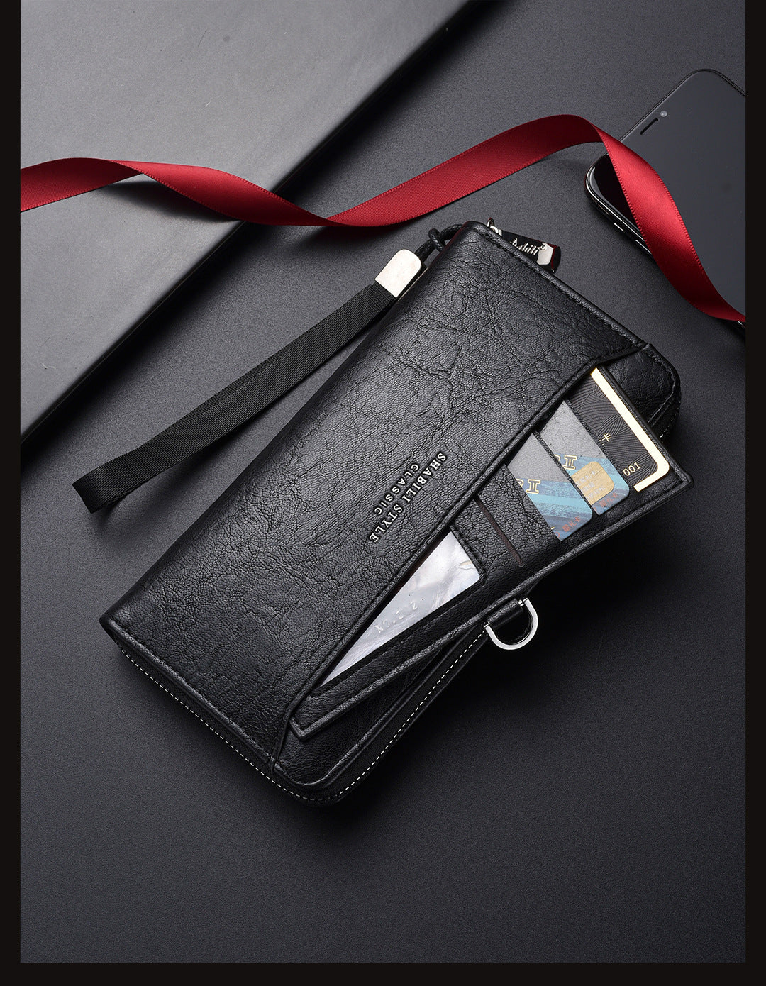 Black Classic Long Zipper Wallet Clutch - Large Capacity PU Leather Phone & Card Holder with Wrist Strap