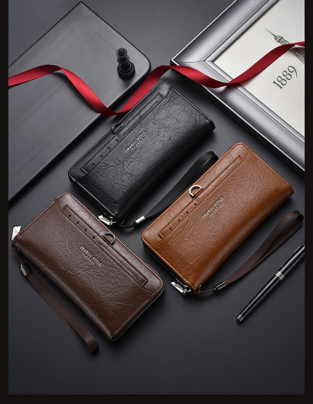 Coffee Classic Long Zipper Wallet Clutch - Large Capacity PU Leather Phone & Card Holder with Wrist Strap