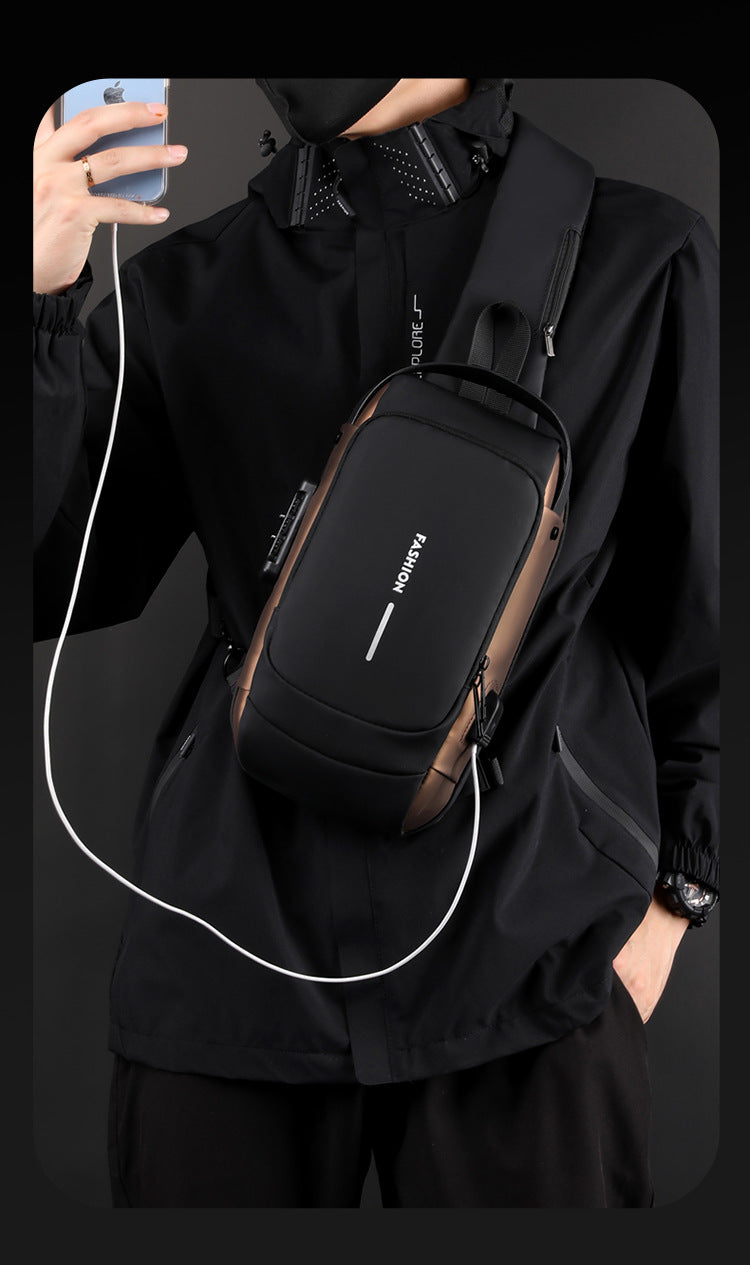 Blue and Brown Men's Anti-Theft Crossbody Sling Bag with USB Charging Port & Combination Lock