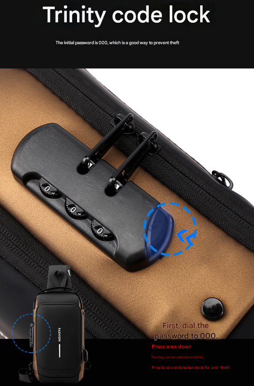 Blue and Brown Men's Anti-Theft Crossbody Sling Bag with USB Charging Port & Combination Lock