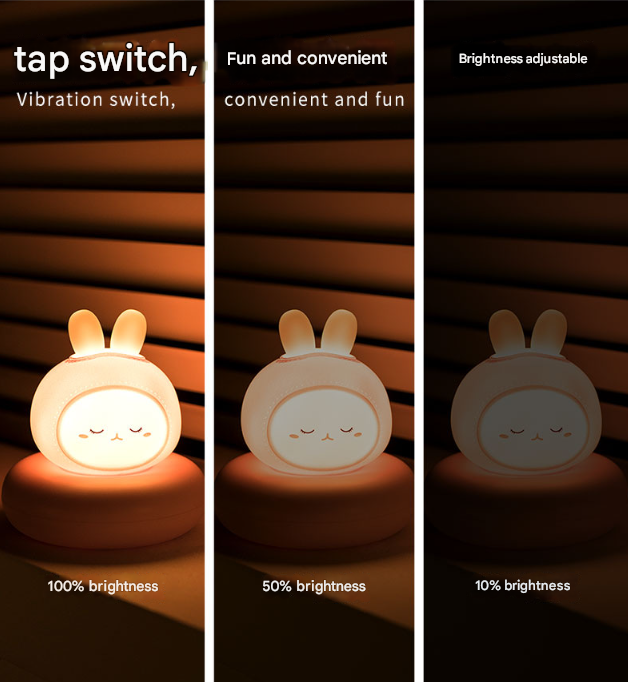 Pink Bunny Cute Animal LED Night Light - Rechargeable Silicone Nursery Lamp with Tap Control, Dimmable Bedside Light for Kids