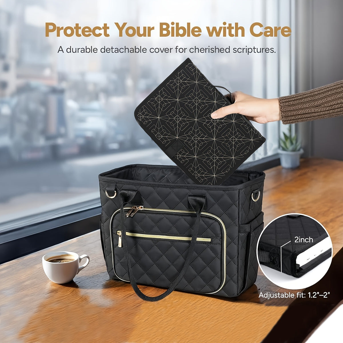 Beige Elegant Quilted Bible Cover - Protective Book Case with Carry Handle