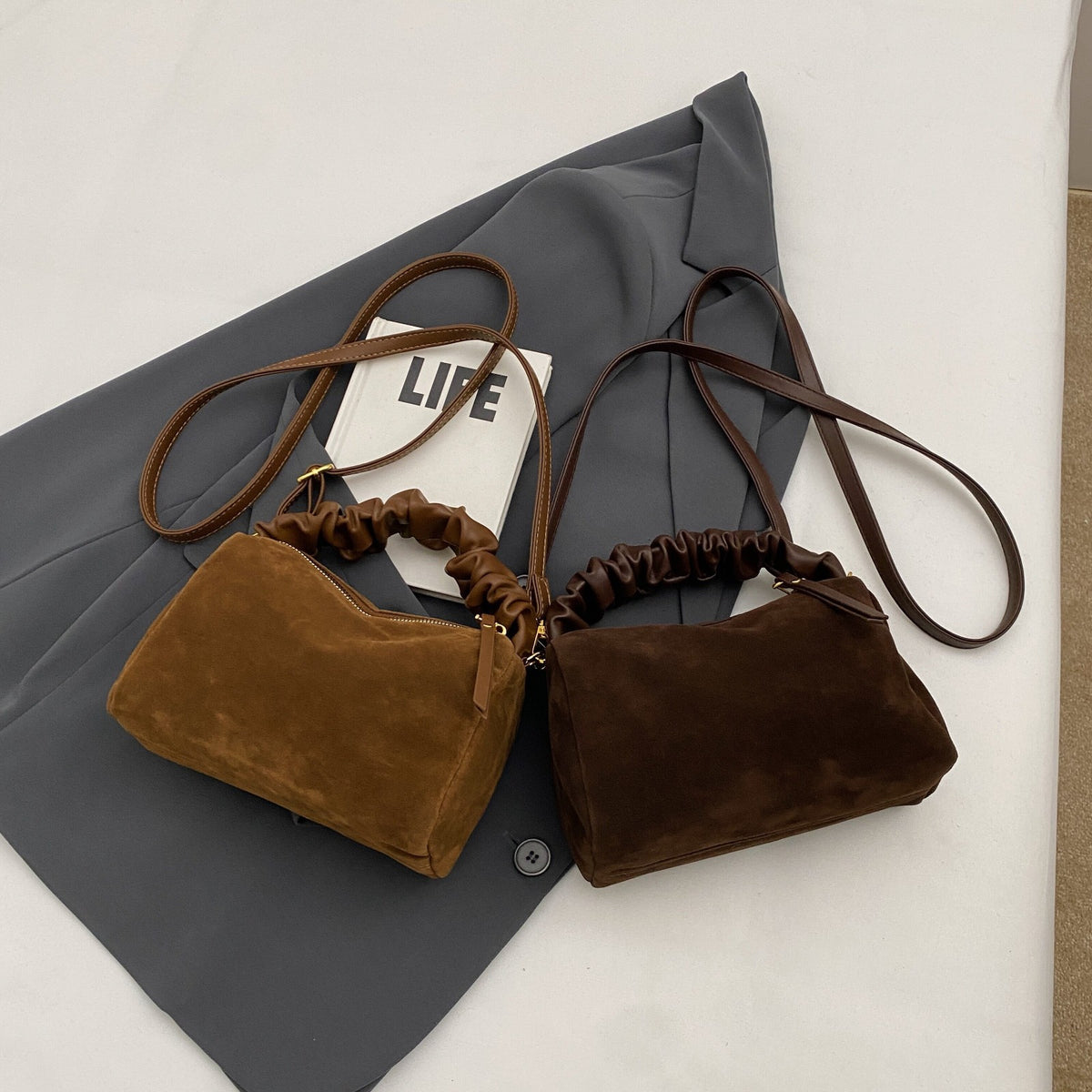 Coffee Chic Ruched Handle Crossbody Bag - Womens Faux Suede Top Handle Handbag with Detachable Strap