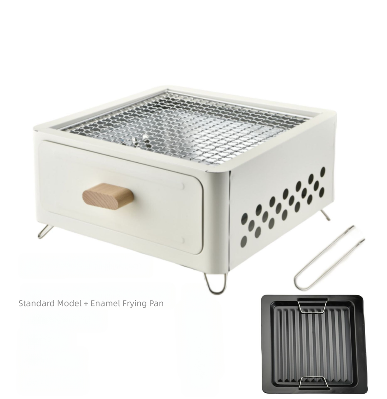 White Portable Japanese Style Tabletop Charcoal Grill - Compact Hibachi BBQ for Outdoor Camping & Patio
