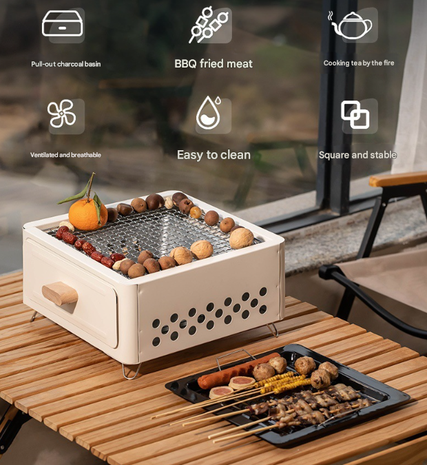 White Portable Japanese Style Tabletop Charcoal Grill - Compact Hibachi BBQ for Outdoor Camping & Patio