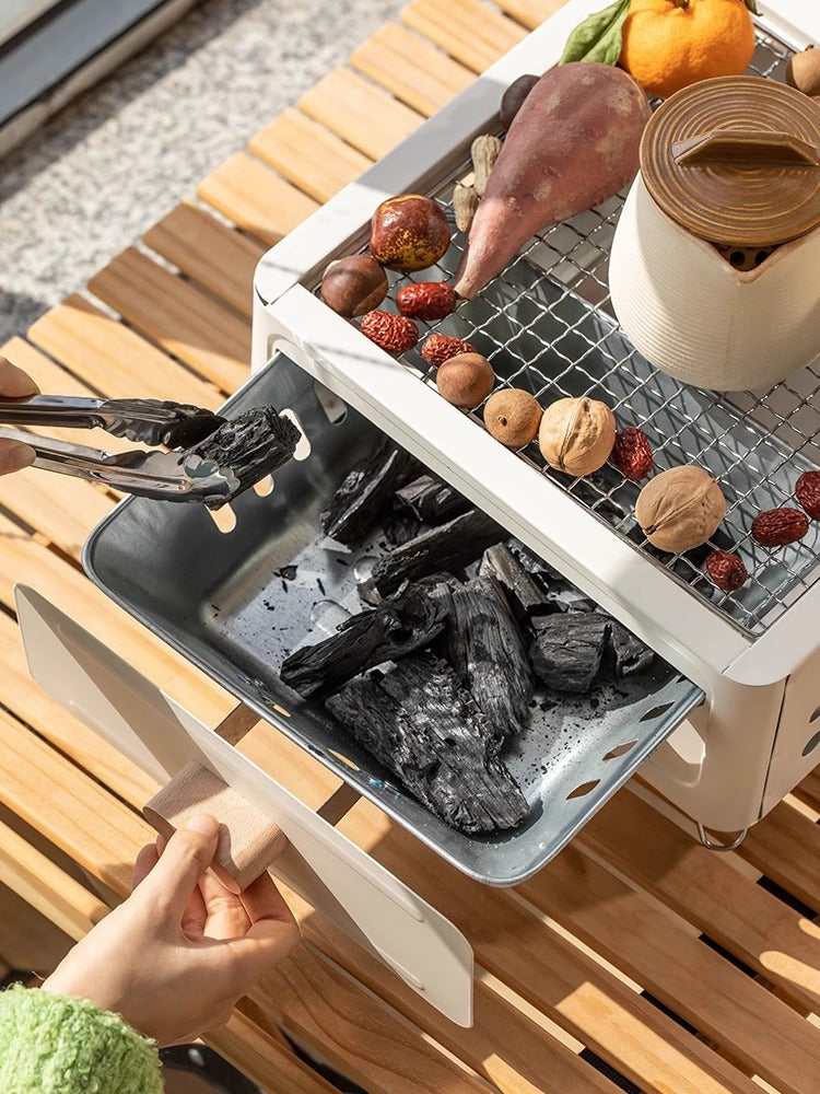 White Portable Japanese Style Tabletop Charcoal Grill - Compact Hibachi BBQ for Outdoor Camping & Patio