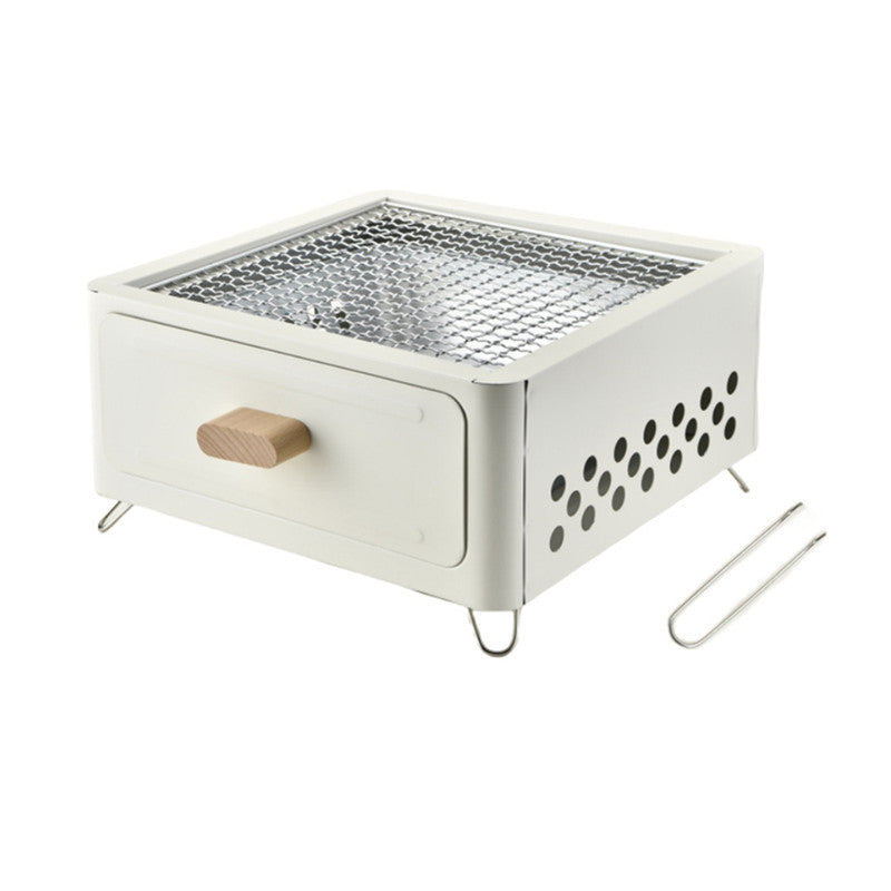 White Portable Japanese Style Tabletop Charcoal Grill - Compact Hibachi BBQ for Outdoor Camping & Patio