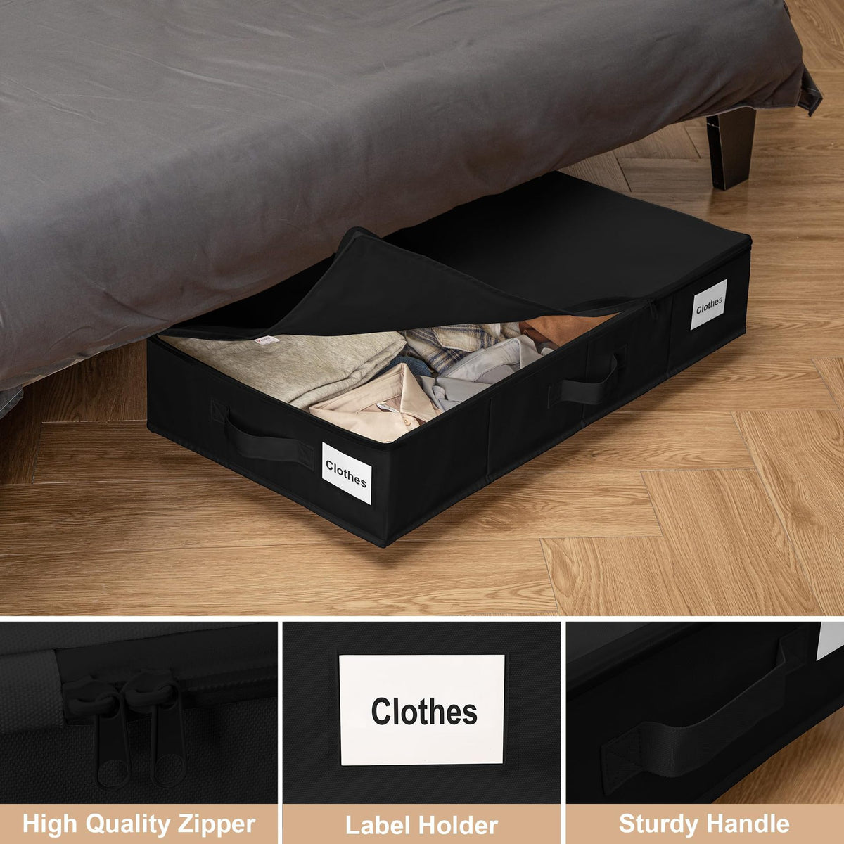 1 piece Black Size L Collapsible Underbed Storage Organizer with Wheels - Fabric Bin with Dustproof Lid