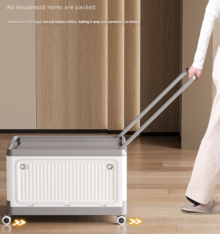 Size S Brown Collapsible Storage Box with Wheels and Telescopic Handle - Stackable Folding Crate for Car & Home